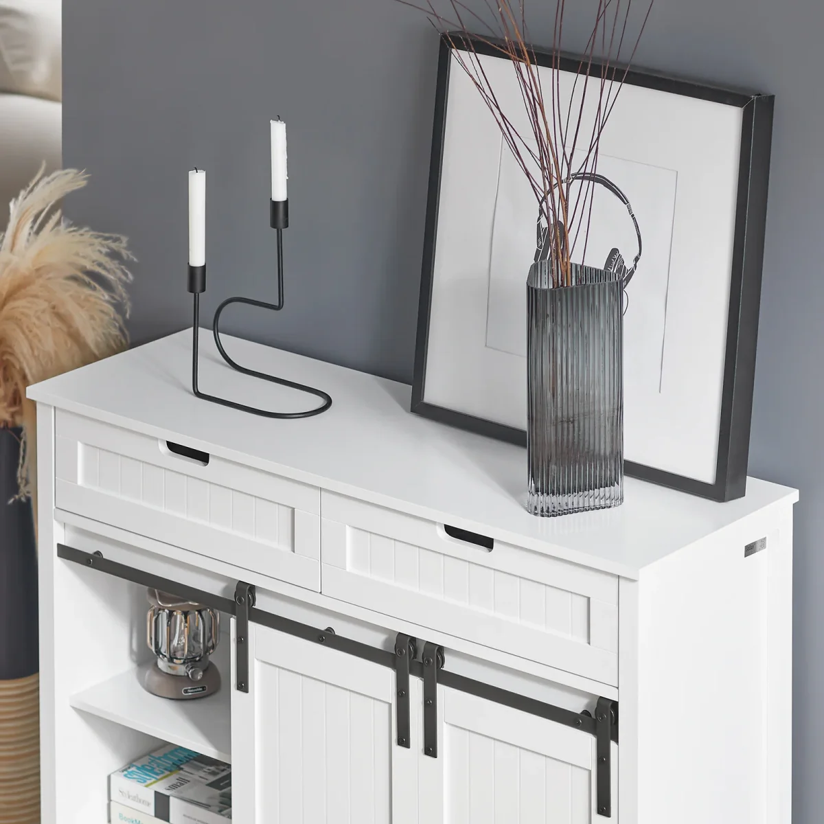 SoBuy FSB74-W Meuble Chaussures, Meuble Entrée, Commode Armoire de Rangement pour Entrée, Salon, Cuisine, Meuble de Rangement avec 2 Tiroirs et 2 Portes de Grange Coulissantes, 104 x 35 x 93 cm Blanc – Image 6