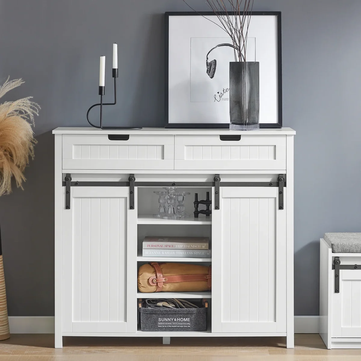 SoBuy FSB74-W Meuble Chaussures, Meuble Entrée, Commode Armoire de Rangement pour Entrée, Salon, Cuisine, Meuble de Rangement avec 2 Tiroirs et 2 Portes de Grange Coulissantes, 104 x 35 x 93 cm Blanc – Image 4